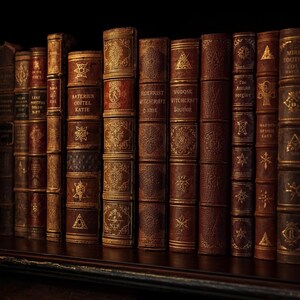 May include: A collection of antique books with brown leather covers and gold embossed designs. Titles include "AATERIUN COITEL KATIE" and "ROERRIST WITCHCRAFT STNIE". The books are arranged on a dark wooden shelf, creating a vintage aesthetic.