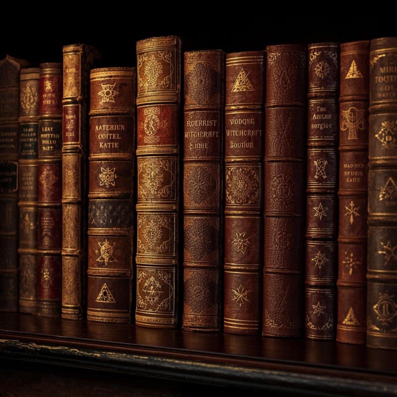 May include: A collection of antique books with brown leather covers and gold embossed designs. Titles include "AATERIUN COITEL KATIE" and "ROERRIST WITCHCRAFT STNIE". The books are arranged on a dark wooden shelf, creating a vintage aesthetic.