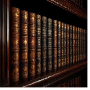 May include: A collection of antique books with brown and black leather covers, arranged on a dark wooden bookshelf. The books have gold embossed lettering and decorative patterns, creating a classic and elegant aesthetic.