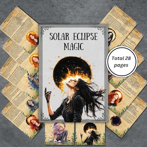 May include: A book titled "Solar Eclipse Magic" with a woman looking up at a fiery sun. The book is surrounded by pages with text and illustrations. The book has a total of 28 pages.
