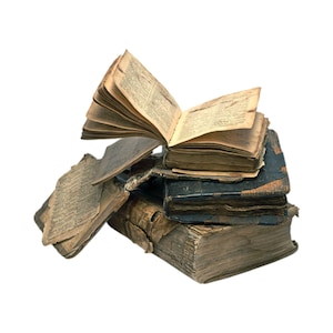 May include: A stack of antique books with aged, yellowed pages and worn covers. One book is open, displaying text, while others are stacked beneath, showcasing the texture of the aged paper and leather bindings. The books appear to be old and well-loved.