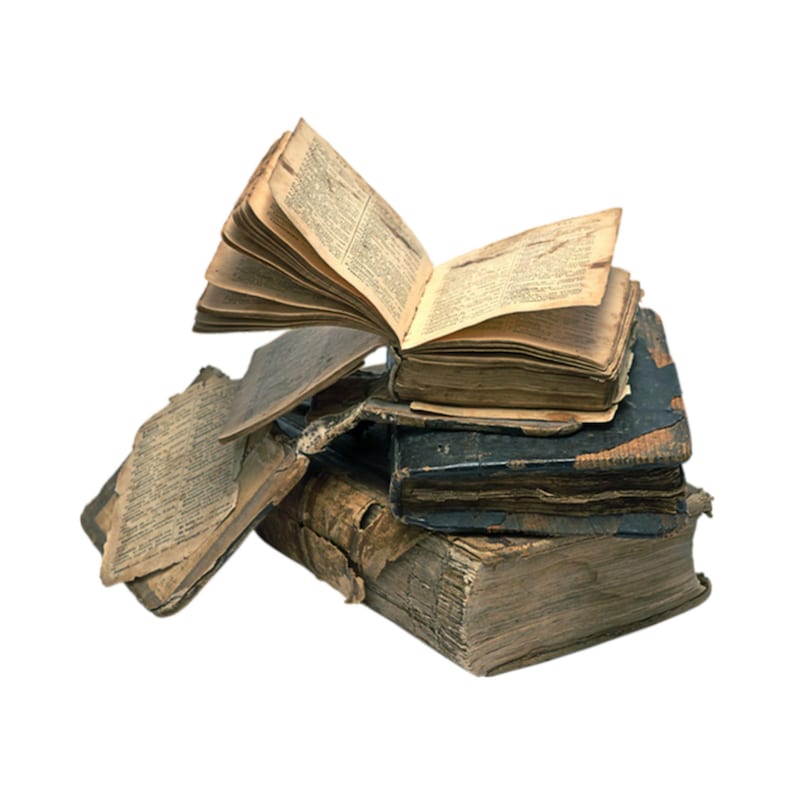 May include: A stack of antique books with aged, yellowed pages and worn covers. One book is open, displaying text, while others are stacked beneath, showcasing the texture of the aged paper and leather bindings. The books appear to be old and well-loved.