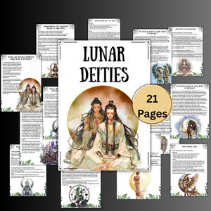 Op de afbeelding: Een verzameling digitale documenten van 21 pagina's getiteld "Lunar Deities". De centrale afbeelding toont twee figuren in witte gewaden tegen een volle maan. De omliggende pagina's bevatten tekst en illustraties over maangoden en hekserij.