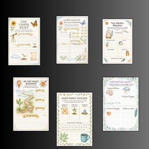 May include: A collection of six watercolor-style printable planner pages. The pages feature various themes, including life vision reset, core values realignment, and habit reset tracker. Each page has decorative floral and butterfly accents.