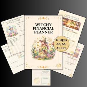 以下が含まれることがあります： コインと花に囲まれた魔女のイラストが描かれた「Witchy Financial Planner」。儀式計画、経費追跡、貯蓄目標のページが含まれています。A3、A4、A5サイズで利用可能です。