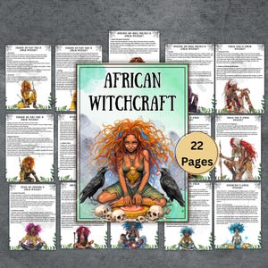 May include: A collection of 22-page booklets on African Witchcraft. The central image features a woman with orange and blue hair, surrounded by ravens and skulls. The title "African Witchcraft" is displayed prominently.