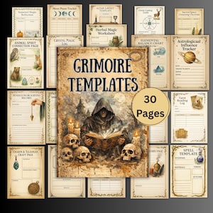 May include: A collection of 30 grimoire templates with various designs, including a moon phase tracker, altar layout, and spell template. The central image features a hooded figure reading a book, surrounded by skulls and candles.