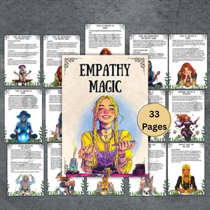 May include: A collection of illustrated pages with the title "EMPATHY MAGIC" and the text "33 Pages." The central image features a smiling person with blonde braids. Surrounding pages detail tools, types, and self-care practices.