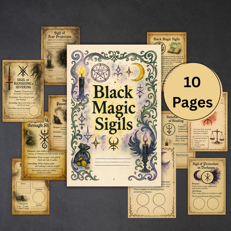 May include: A collection of illustrated cards and a booklet titled "Black Magic Sigils." The central booklet features a decorative border and the text "Black Magic Sigils." Additional cards display sigils and text, with a circular label indicating "10 Pages."
