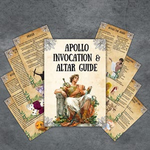 May include: An "Apollo Invocation & Altar Guide" book with illustrations of Apollo, surrounded by several smaller pages with text and illustrations. The cover features Apollo seated with a sword. The pages have a vintage, aged appearance.