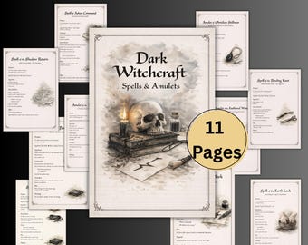 Pagina's Secret Dark Witchcraft spreuken en amuletten, grimoire, donker magisch boek der schaduwen, rituelen, afdrukbaar heidens, spreukenboekkit, BOS