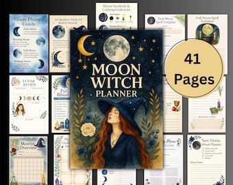 Planner voor maanhekserij, digitaal maandagboek, maanstanden, rituelen, maanmagische grimoire-kalender, spreuken, planningspagina's heksen