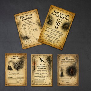 May include: A collection of five aged-looking cards with ornate borders. The cards feature sigils and text, including "Sigil of Wealth through Shadows" and "Sigil of Banishing & Severing." The cards are designed for ritual use.