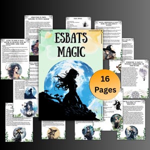 May include: A collection of 16-page booklets with the title "ESBATS MAGIC". The central image features a silhouette of a woman against a blue moon. Surrounding pages contain text and illustrations related to witchcraft and lunar phases.