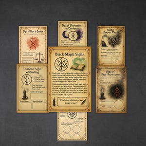 May include: A collection of vintage-style cards featuring sigils and text related to black magic. The cards have a parchment-like appearance with ornate borders and illustrations of symbols, candles, and scales. The central card reads "Black Magic Sigils."
