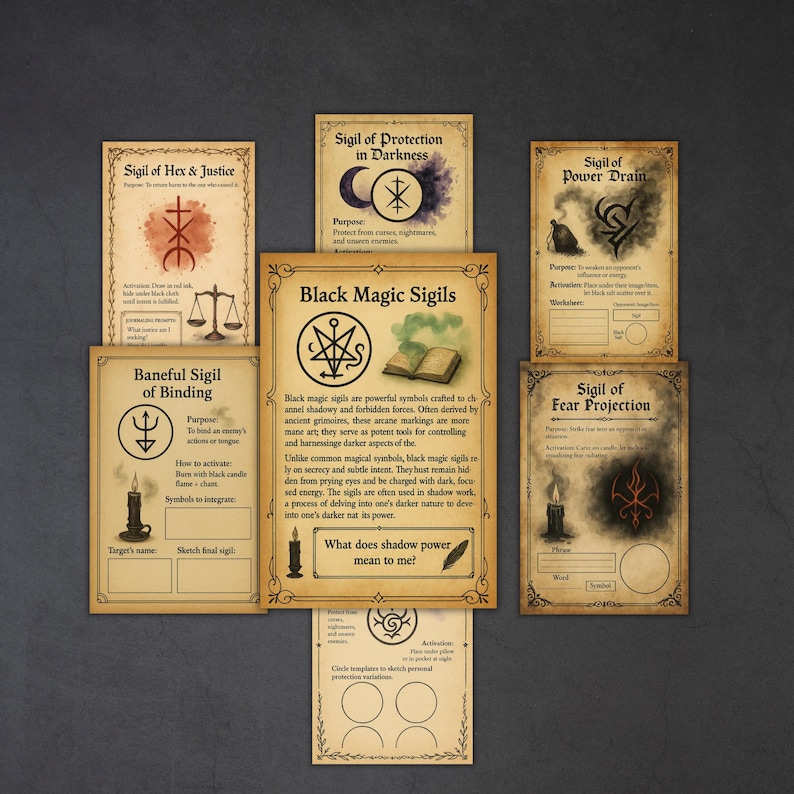 May include: A collection of vintage-style cards featuring sigils and text related to black magic. The cards have a parchment-like appearance with ornate borders and illustrations of symbols, candles, and scales. The central card reads "Black Magic Sigils."