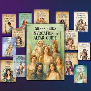 Peut inclure: Ensemble de guides illustrés sur les dieux et déesses grecs, dont Apollon, Athéna et Hermès. Le guide central est intitulé "Greek Gods Invocation & Altar Guide". Les guides présentent des illustrations et du texte à l'aquarelle, sur fond violet et bleu.