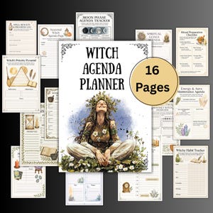 Può includere: Una raccolta di pagine stampabili per un'agenda delle streghe. L'immagine centrale presenta una donna con una corona floreale. L'agenda include pagine per i risultati degli incantesimi, le fasi lunari, i rituali e il monitoraggio delle abitudini. Il testo recita "Witch Agenda Planner" e "16 Pages".