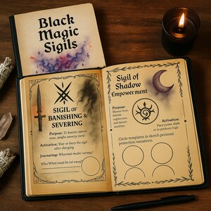 May include: Open book titled "Black Magic Sigils" with sigil illustrations. One page features a dagger and text "Sigil of Banishing & Severing." The other page has a crescent moon and text "Sigil of Shadow Empowerment." A lit candle sits nearby.