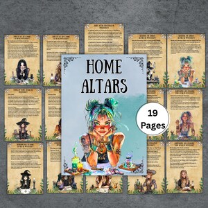 May include: A collection of 19-page guides on home altars and witchcraft. The central image features a colorful illustration of a woman with green hair and tattoos, surrounded by candles and potions. The guides cover various topics related to setting up and maintaining altars.