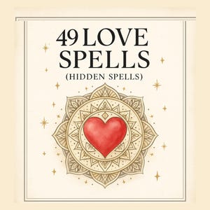 May include: A square image featuring the text "49 LOVE SPELLS (HIDDEN SPELLS)" in black font. A red heart is at the center of a gold and beige mandala design. Gold stars are scattered around the design on a beige background.
