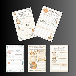 May include: A collection of five watercolor-style journal pages with text and illustrations. The pages cover topics like identity, mindset, emotional reset, life audit, and forgiveness. Each page features decorative borders and themed graphics.