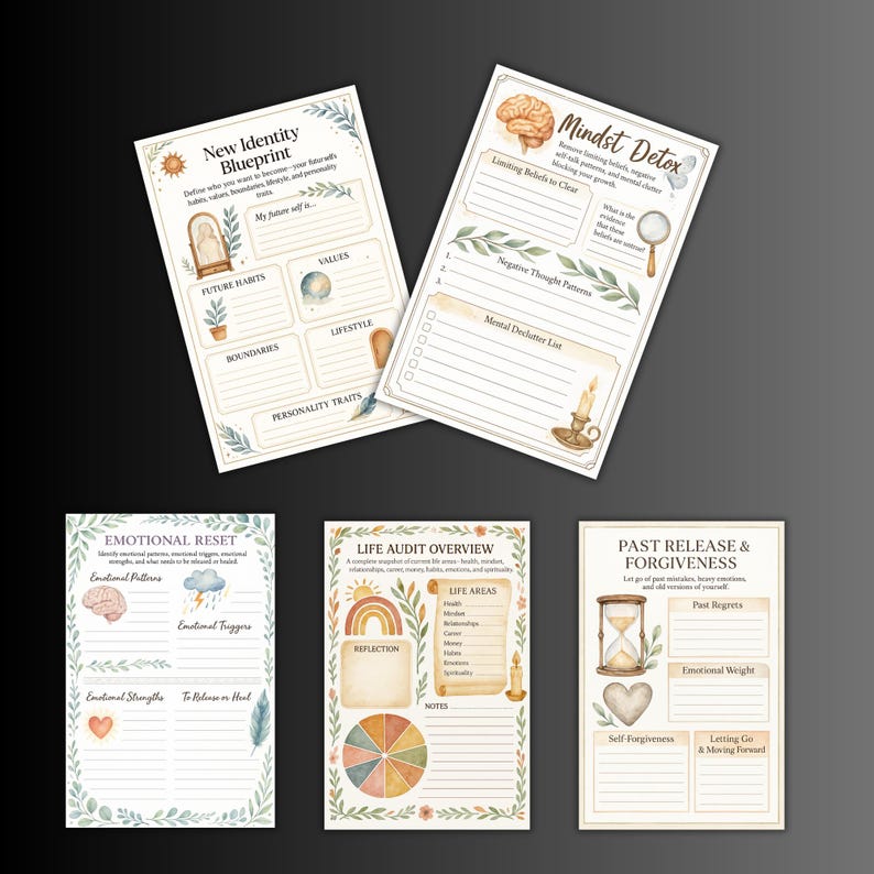 May include: A collection of five watercolor-style journal pages with text and illustrations. The pages cover topics like identity, mindset, emotional reset, life audit, and forgiveness. Each page features decorative borders and themed graphics.