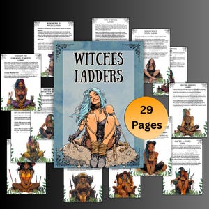 Könnte beinhalten: Eine illustrierte Anleitung mit dem Titel "Witches Ladders". Das zentrale Bild zeigt eine Frau mit blauen Haaren. Zusätzliche Seiten beschreiben Arten von Hexen, Handwerk und Symbole. Ein Kreis zeigt "29 Seiten".