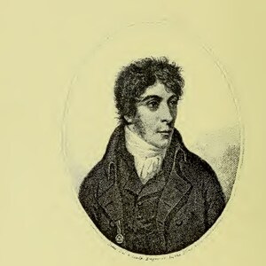 May include: An antique black and white portrait of a man in a dark coat and white cravat, set within an oval frame. The portrait features detailed shading and a small medal. The image is a vintage engraving.
