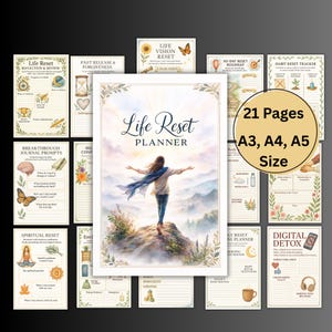 May include: A collection of printable planner pages with a watercolor design. The central planner is titled "Life Reset Planner" and features an illustration of a person on a mountain. The set includes 21 pages in A3, A4, and A5 sizes.