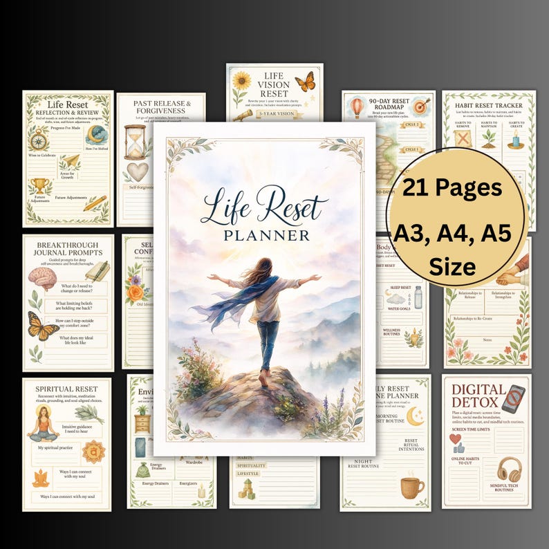 May include: A collection of printable planner pages with a watercolor design. The central planner is titled "Life Reset Planner" and features an illustration of a person on a mountain. The set includes 21 pages in A3, A4, and A5 sizes.