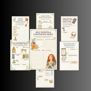 May include: A collection of watercolor-style printable planner pages. The pages include prompts for goal setting, daily routines, digital detox, self-worth, and past release. The color palette is soft, with floral and botanical illustrations.