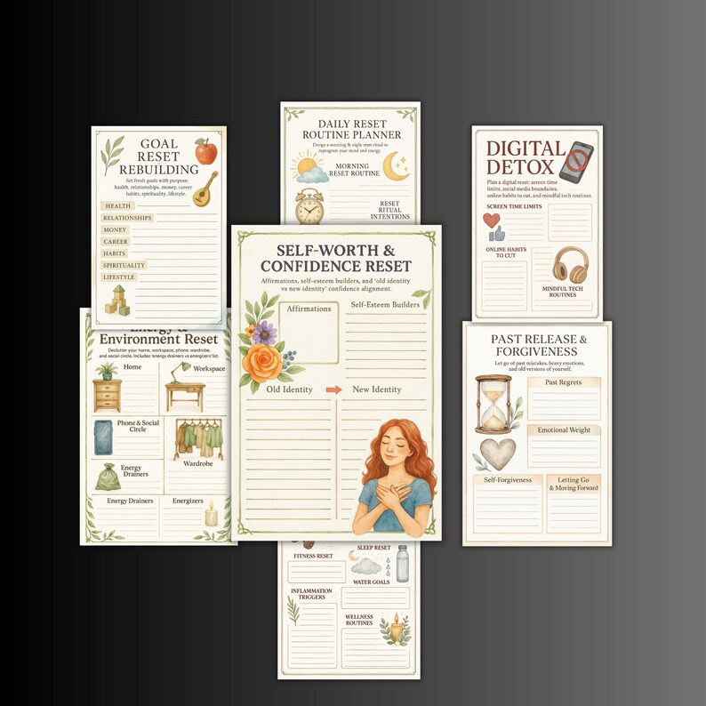 May include: A collection of watercolor-style printable planner pages. The pages include prompts for goal setting, daily routines, digital detox, self-worth, and past release. The color palette is soft, with floral and botanical illustrations.