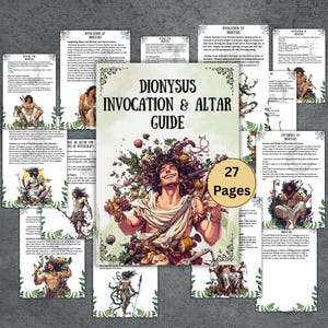 May include: A guide titled "Dionysus Invocation & Altar Guide" with a central illustration of a smiling figure surrounded by fruits and foliage. The guide includes 27 pages and various illustrations.
