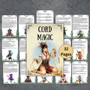 May include: A fantasy-themed book titled "Cord Magic" with a central illustration of a woman holding cords. The book is surrounded by smaller pages with text and illustrations. The cover features the text "Cord Magic" and "32 Pages".