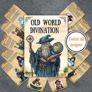 May include: A book titled "Old World Divination" with an illustration of a wizard holding a globe and a staff. The book has 32 pages. Surrounding the book are cards with illustrations and text.