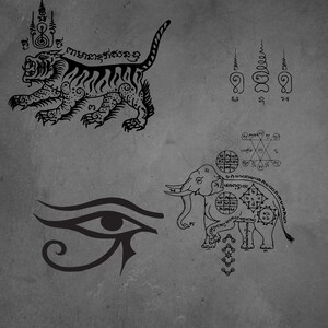 May include: Black and white illustrations of various ancient symbols on a gray background. The symbols include a tiger, an elephant, an eye, and other geometric shapes and characters. The tiger has stripes and the elephant has intricate patterns.