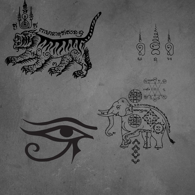 May include: Black and white illustrations of various ancient symbols on a gray background. The symbols include a tiger, an elephant, an eye, and other geometric shapes and characters. The tiger has stripes and the elephant has intricate patterns.
