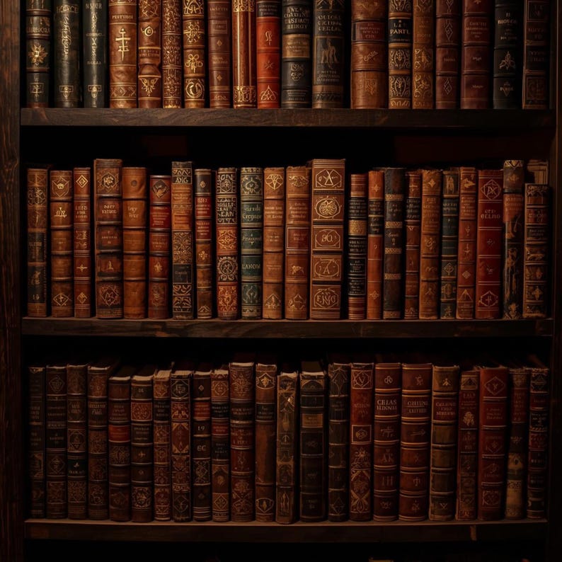 May include: A dark wooden bookshelf filled with antique books. The books have leather-bound covers in shades of brown, with gold embossed lettering and designs. The shelves are dark brown, creating a warm, vintage aesthetic.