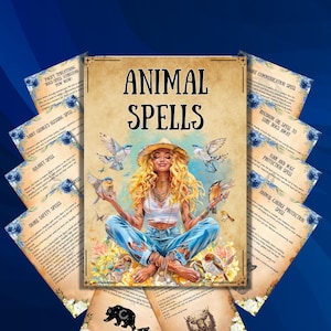 May include: A poster titled "ANIMAL SPELLS" features a woman surrounded by birds, flowers, and text. The woman is wearing a hat, white top, and blue jeans. Surrounding the poster are smaller cards with text like "SNAKE SAFETY SPELLS" and "MAKE COMMUNICATION SPELL".