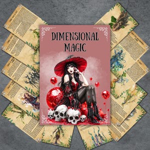May include: A rectangular print titled DIMENSIONAL MAGIC featuring a person with dark hair wearing a red hat and black outfit, sitting on skulls surrounded by red spheres. The print is displayed over a fan of multiple aged parchment-style pages.