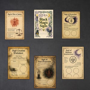 May include: A collection of vintage-style cards with sigils and text. The cards include titles like "Sigil of Hex & Justice," "Black Magic Sigils," and "Sigil of Protection in Darkness." The color palette is primarily beige, brown, and black.