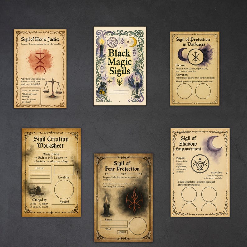 May include: A collection of vintage-style cards with sigils and text. The cards include titles like "Sigil of Hex & Justice," "Black Magic Sigils," and "Sigil of Protection in Darkness." The color palette is primarily beige, brown, and black.