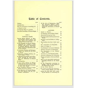 May include: A vintage book page featuring a detailed table of contents. The text lists chapters on natural magic, alchemy, and related topics. The page has a cream-colored background with black text.