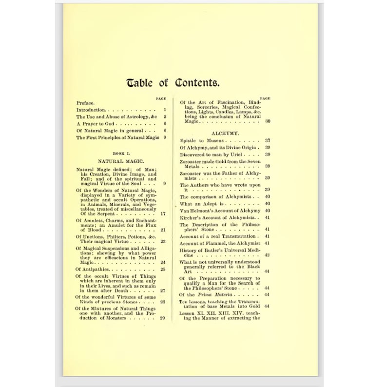 May include: A vintage book page featuring a detailed table of contents. The text lists chapters on natural magic, alchemy, and related topics. The page has a cream-colored background with black text.