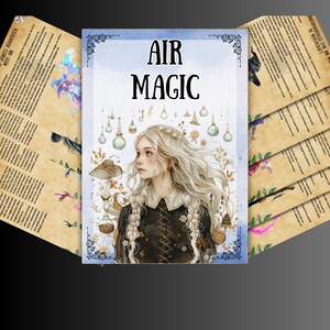 May include: An art print titled "Air Magic" featuring a young woman with long, flowing blonde hair and a dark dress. The artwork is surrounded by decorative elements and text, with a soft blue and white background. Additional pages with text are visible.