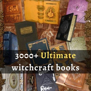 Könnte beinhalten: Eine Sammlung von Büchern im antiken Stil mit Lederumschlägen in verschiedenen Farben, darunter Braun, Blau und Gold. Das Bild zeigt den Text "3000+ Ultimate witchcraft books."
