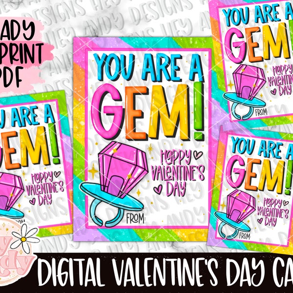 Printable Classroom Valentine Card, Ring Pop You are a Gem Valentine Card, School Valentines Favor Tag, Candy Ring Valentine Card