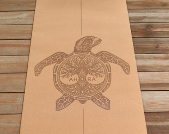 Super light but thick travel cork yoga mat (2 pounds) with unique designs for conscious yogis (Design Turtle AHORA) including carry strap.