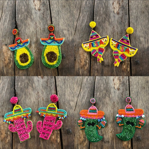 Fiesta Earrings // Cinco de Mayo Earrings // Party Earrings // Cactus Sombrero Earrings // Taco Earrings // Seed Bead Earrings Gift for Her